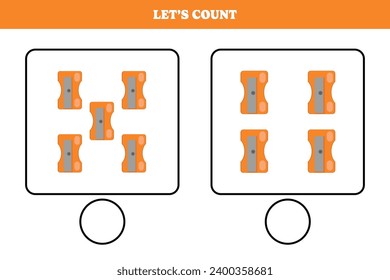 Counting game with sharpener. Educational worksheet design for preschool, kindergarten students. Learning mathematics. Brain teaser fun activity for kids.