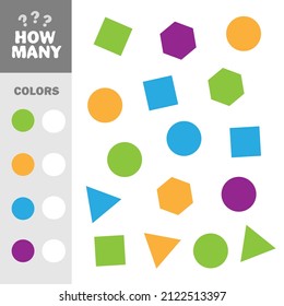 Counting game with simple geometric shapes for kids, educational maths task for development of logical thinking. How many elements with colors