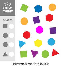 Counting game with simple geometric shapes for kids, educational maths task for development of logical thinking. How many elements with shapes