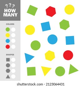 Counting game with simple geometric shapes for kids, educational maths task for development. How many elements with colors and shapes