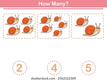Counting game of snail for preschool kids. Printable. Vector Illustration