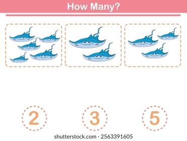 Counting game of stingrays for preschool kids. Printable. Vector Illustration