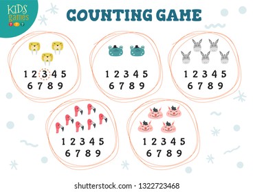 Counting game for studying numbers vector illustration. Preschool kids educational activity and easy level algebra activity 