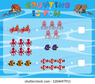 Counting game underwater template illustration