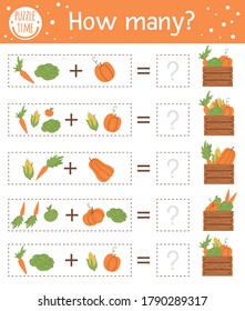 Counting game with vegetables and wooden case. Autumn activity for preschool children. Fall season math worksheet. Educational printable with cute funny harvest elements for kids
