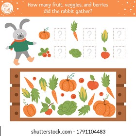 Counting Game With Vegetables, Wooden Case And Rabbit. Autumn Spying Activity For Preschool Children. Fall Season Math Worksheet. Educational Printable With Cute Funny Harvest Elements For Kids
