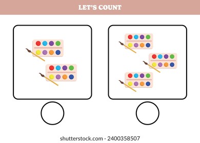 Counting game with watercolor. Educational worksheet design for preschool, kindergarten students. Learning mathematics. Brain teaser fun activity for kids.