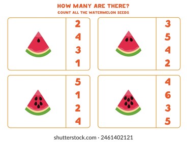 Juego de contar con rodajas de sandía. Hoja de trabajo educativa. Cuenta las semillas de manzana.