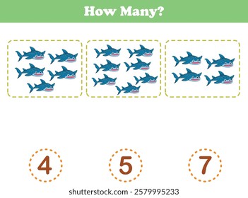 Counting game of whale sharks for preschool kids. Printable. Vector Illustration