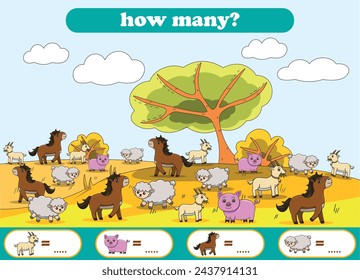 Counting game of wild animals for kids activity worksheet. Vector Illustration