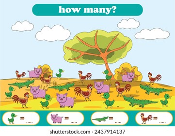 Counting game of wild animals for kids activity worksheet. Vector Illustration