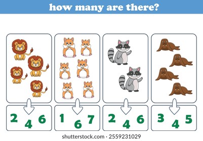 Counting game of wild animals for preschool kids. Printable. Vector Illustration