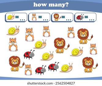 Counting game of wild animals for preschool kids. Printable. Vector Illustration