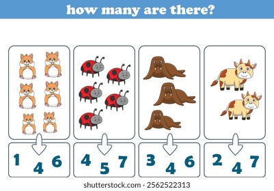 Counting game of wild animals for preschool kids. Printable. Vector Illustration