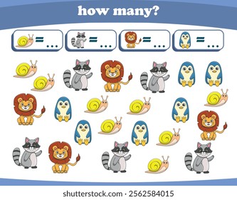 Counting game of wild animals for preschool kids. Printable. Vector Illustration