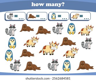Counting game of wild animals for preschool kids. Printable. Vector Illustration