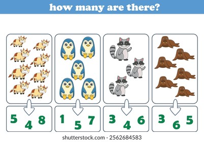 Counting game of wild animals for preschool kids. Printable. Vector Illustration