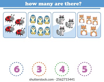 Counting game of wild animals for preschool kids. Printable. Vector Illustration