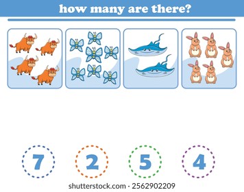 Counting game of wild animals for preschool kids. Printable. Vector Illustration