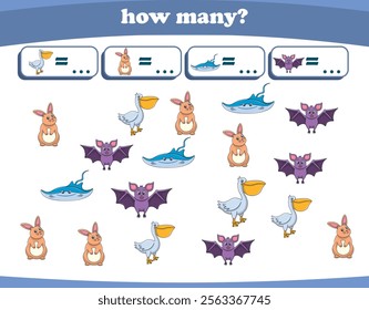 Counting game of wild animals for preschool kids. Printable. Vector Illustration