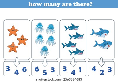 Counting game of wild animals for preschool kids. Printable. Vector Illustration