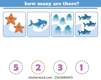 Counting game of wild animals for preschool kids. Printable. Vector Illustration