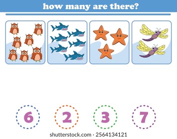Counting game of wild animals for preschool kids. Printable. Vector Illustration