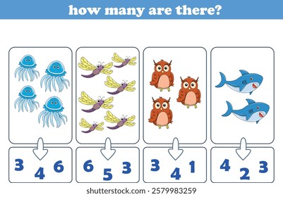 Counting game of wild animals for preschool kids. Printable. Vector Illustration