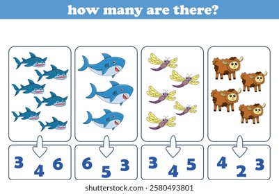 Counting game of wild animals for preschool kids. Printable. Vector Illustration