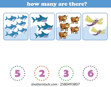 Counting game of wild animals for preschool kids. Printable. Vector Illustration