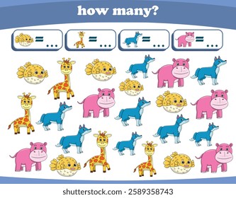 Counting game of wild animals for preschool kids. Printable. Vector Illustration