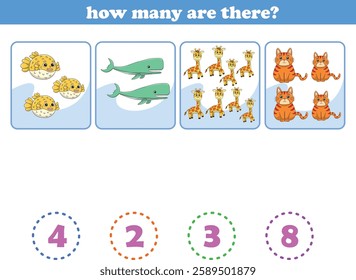 Counting game of wild animals for preschool kids. Printable. Vector Illustration