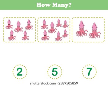 Counting game of wild animals for preschool kids. Counting squid. Printable. Vector Illustration