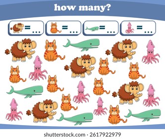 Counting game of wild animals for preschool kids. Printable. Vector Illustration