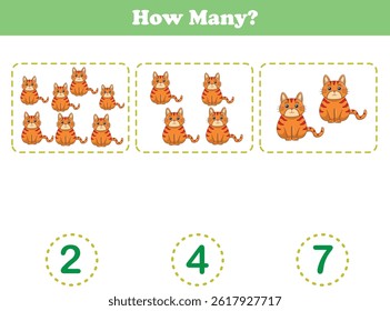 Counting game of wild animals for preschool kids. Counting cats. Printable. Vector Illustration