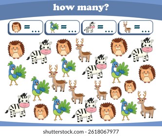 Counting game of wild animals for preschool kids. Printable. Vector Illustration