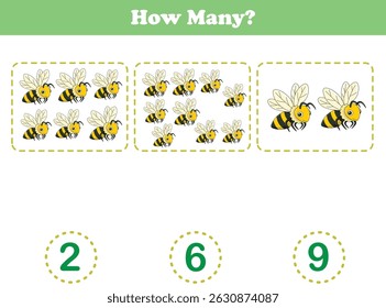 Counting game of wild animals for preschool kids. Counting bee. Printable. Vector Illustration