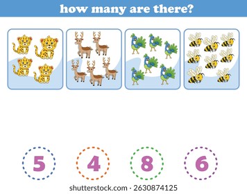 Counting game of wild animals for preschool kids. Printable. Vector Illustration
