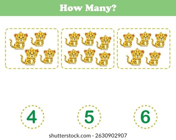 Counting game of wild animals for preschool kids. Counting cheetah. Printable. Vector Illustration