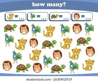 Counting game of wild animals for preschool kids. Printable. Vector Illustration