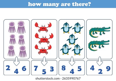 Counting game of wild animals for preschool kids. Printable. Vector Illustration