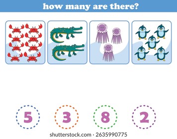 Counting game of wild animals for preschool kids. Printable. Vector Illustration
