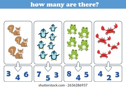 Counting game of wild animals for preschool kids. Printable. Vector Illustration