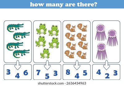 Counting game of wild animals for preschool kids. Printable. Vector Illustration