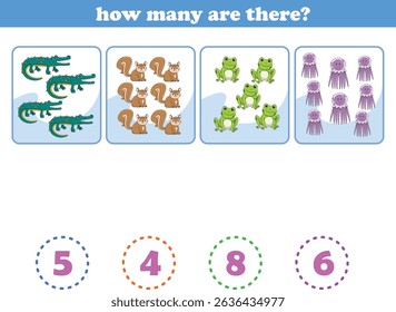 Counting game of wild animals for preschool kids. Printable. Vector Illustration
