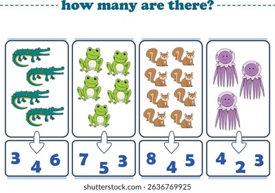 Counting game of wild animals for preschool kids. Printable. Vector Illustration