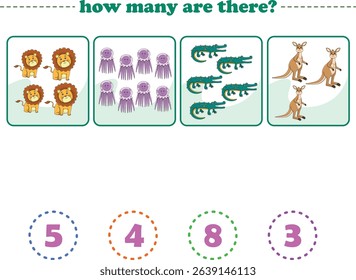 Counting game of wild animals for preschool kids. Printable. Vector Illustration