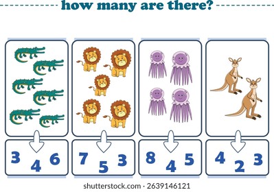 Counting game of wild animals for preschool kids. Printable. Vector Illustration