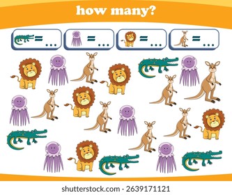 Counting game of wild animals for preschool kids. Printable. Vector Illustration