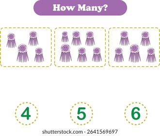 Counting game of wild animals for preschool kids. Counting jellyfish. Printable. Vector Illustration